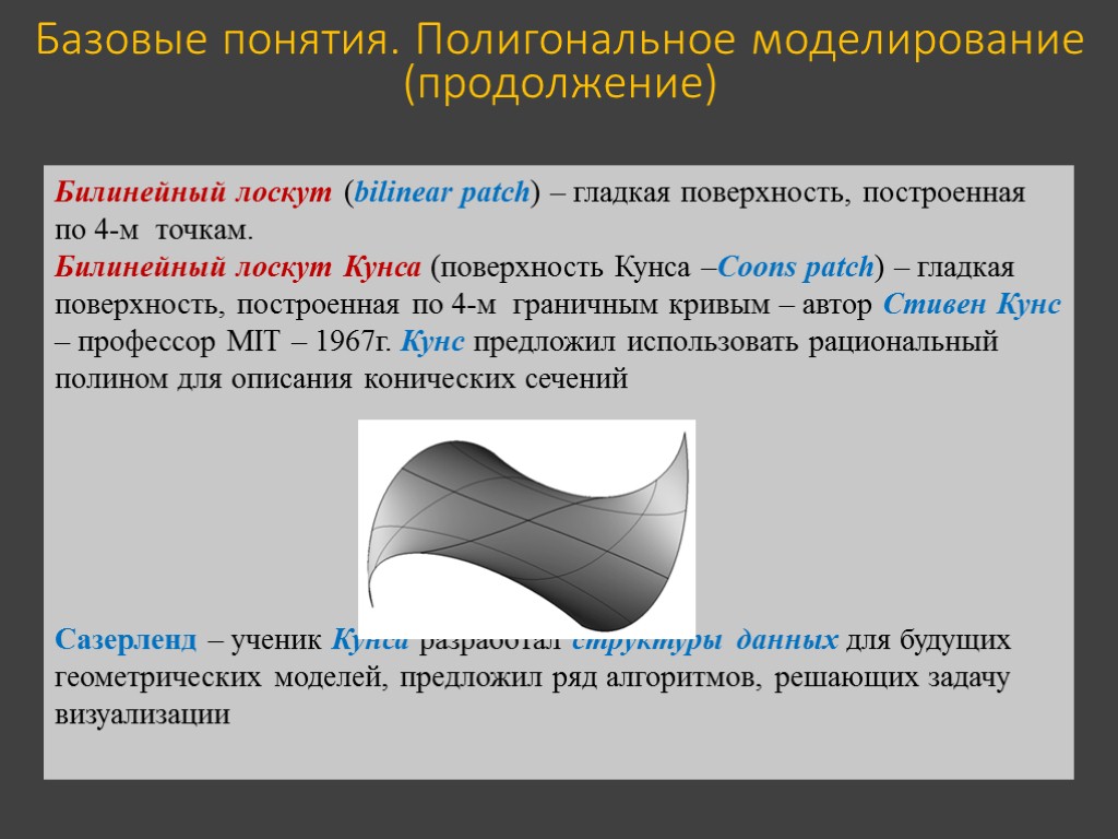 Базовые понятия. Полигональное моделирование (продолжение) Билинейный лоскут (bilinear patch) – гладкая поверхность, построенная по